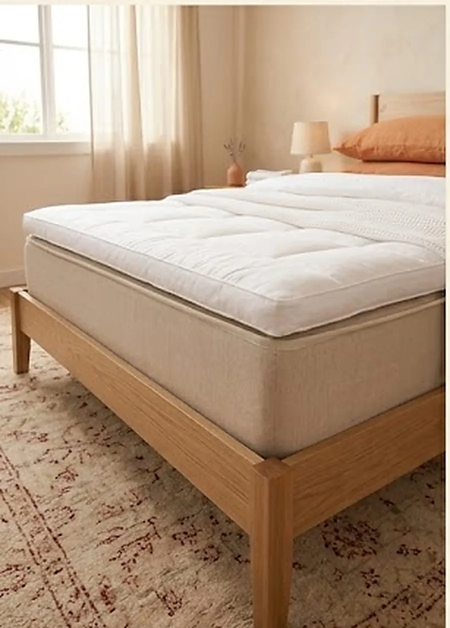 Matelas et surmatelas sur un cadre de lit en chêne, chambre en lumière naturelle