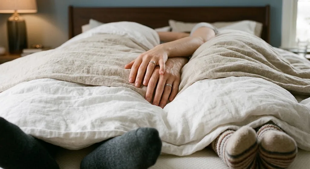 Couple endormi sous une couette claire, mains enlacées