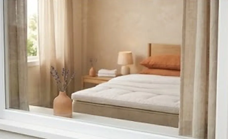 Chambre lumineuse reflétée dans un miroir, ambiance de fin de journée